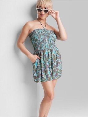 wild fable Teal Multicolor Strapless Smocked Mini Dress